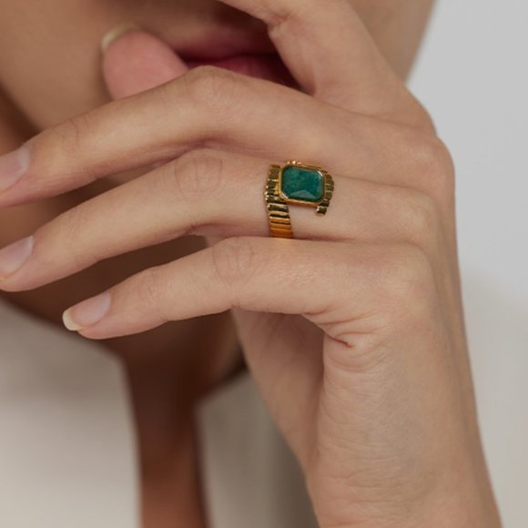 Stainless Steel Blue Apatite Ring Statement Metal Gold Opening Ring - Picture 10 of 11